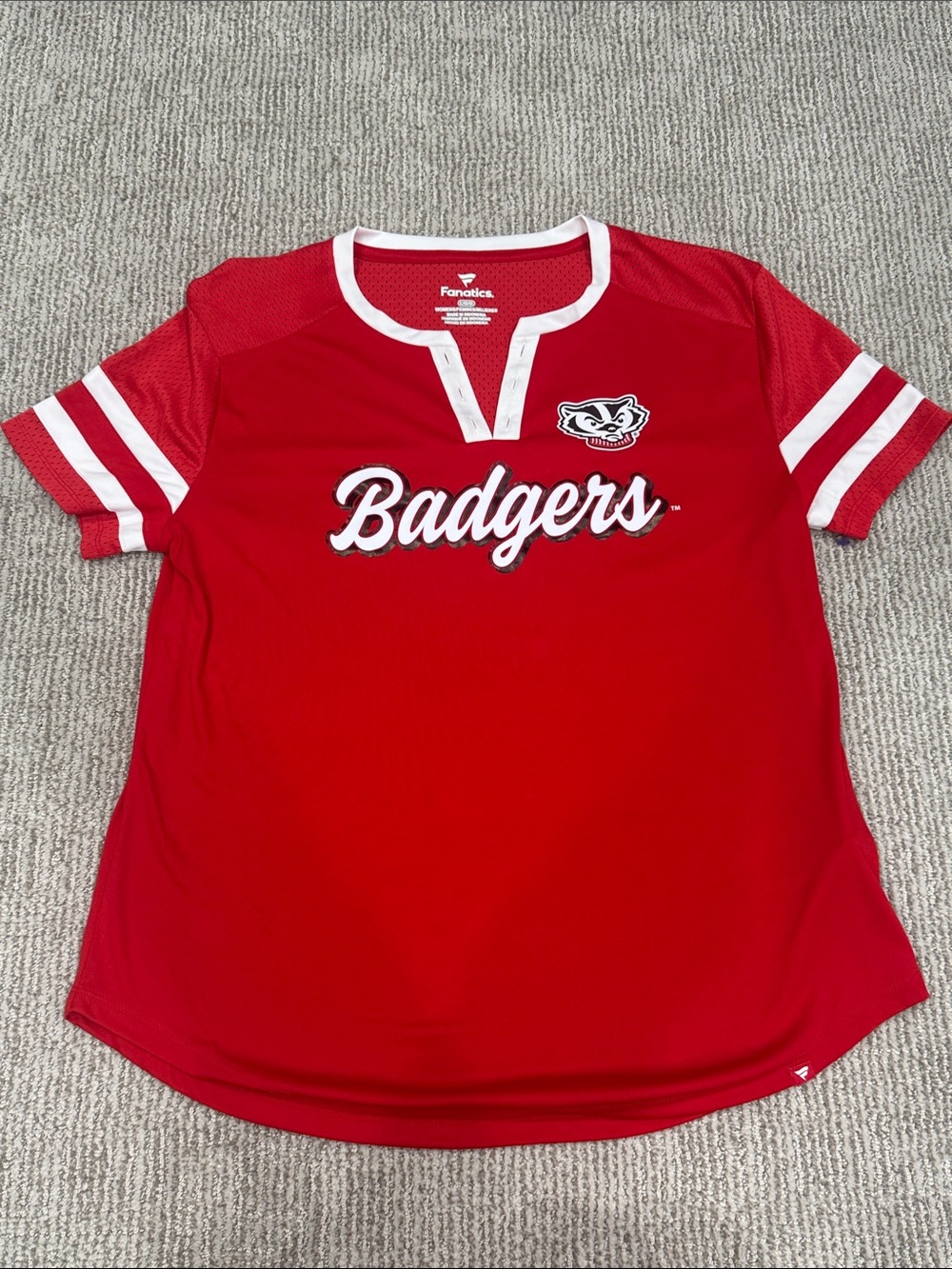 Fanatics Red and White Badgers Short Sleeve Jersey